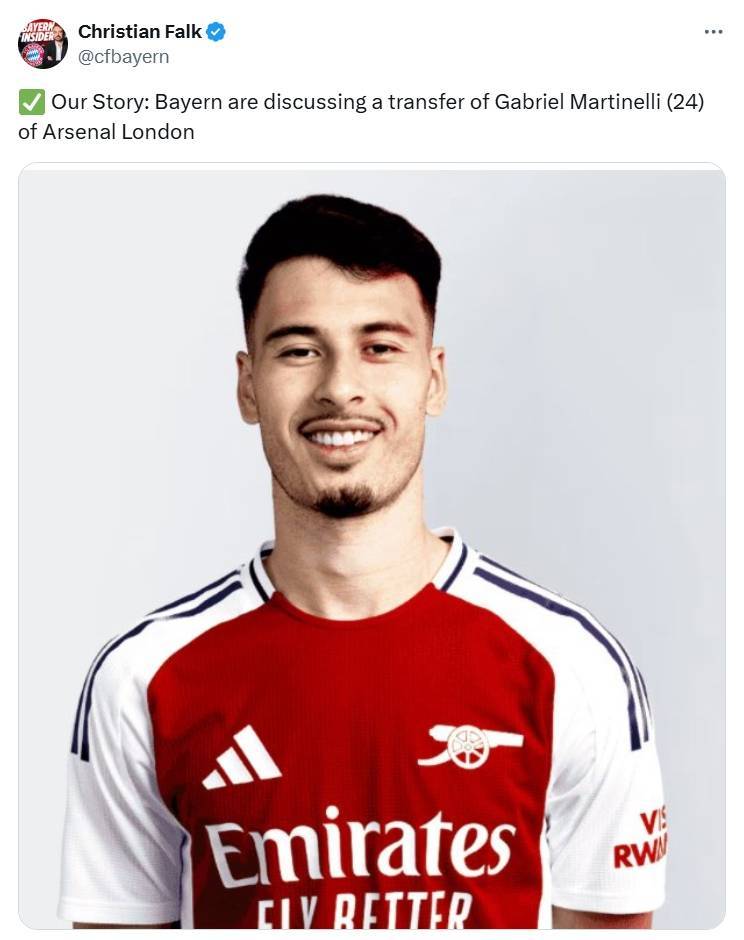 要多少钱？法尔克：拜仁正讨论引进24岁的阿森纳边锋马丁内利